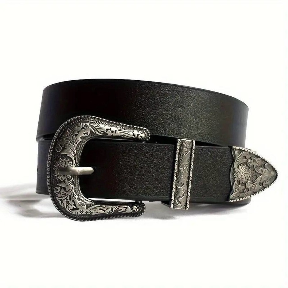 Western style black leather belt with silver buckle